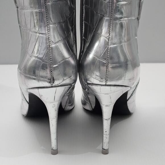 Black Suede Studio Tory Knee High Boot EU 38 Metallic Silver Croc Embossed Heel - Picture 12 of 16